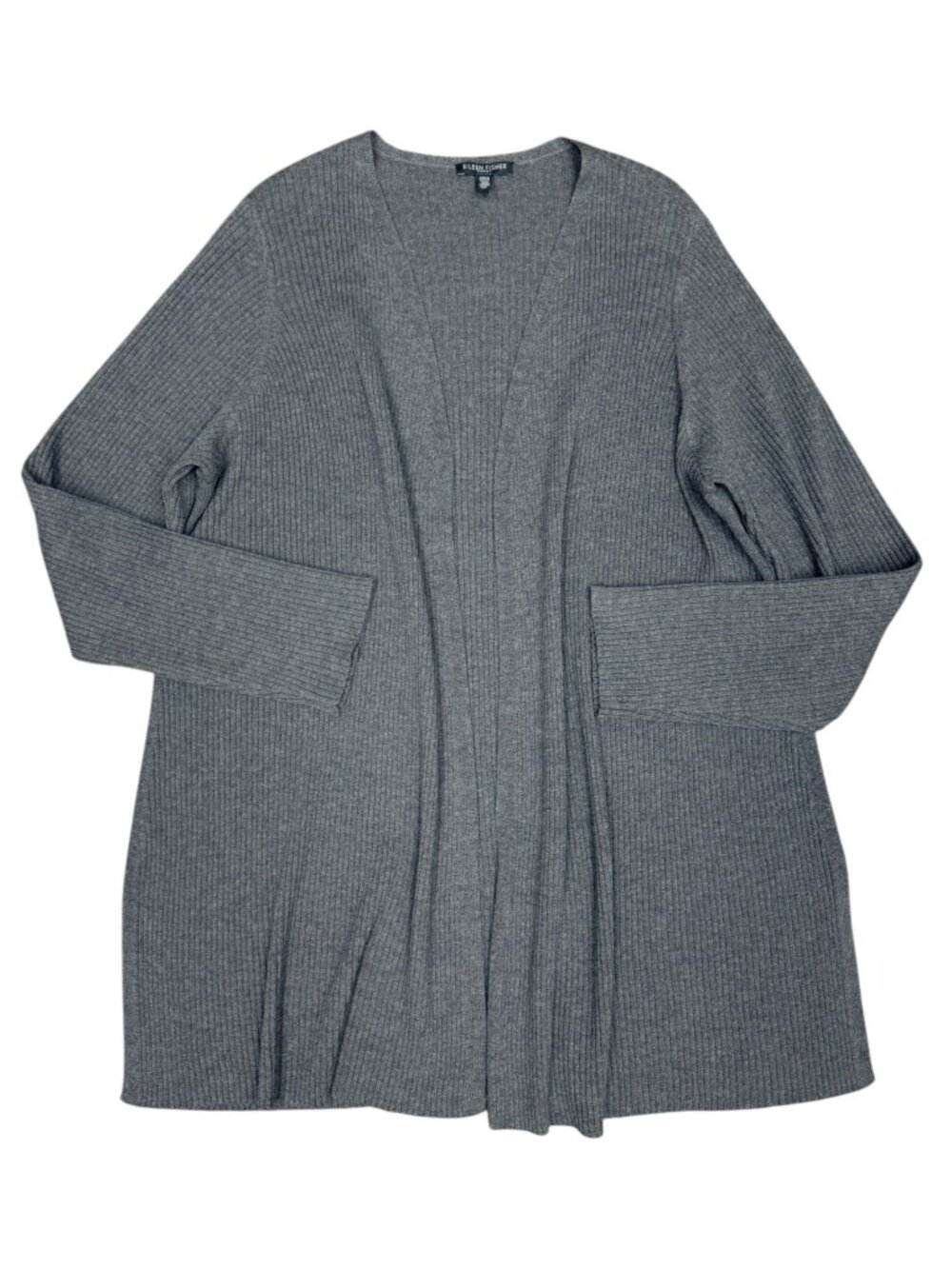 EILEEN FISHER Women's EUC Wool Ribbed Knit Open-Front Cardigan Gray | Size 1X